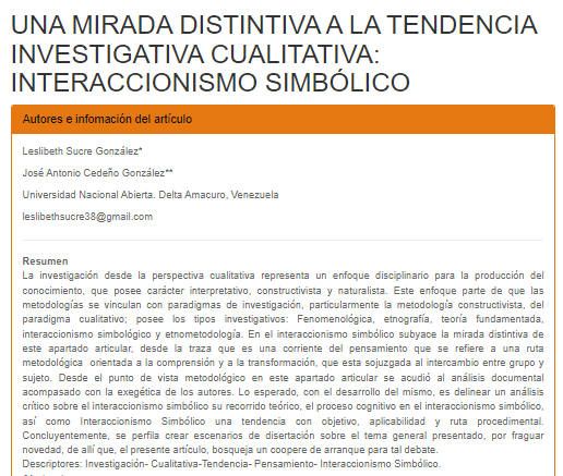 Artículo científico “Una mirada distintiva a la tendencia investigativa cualitativa: interaccionismo simbólico”