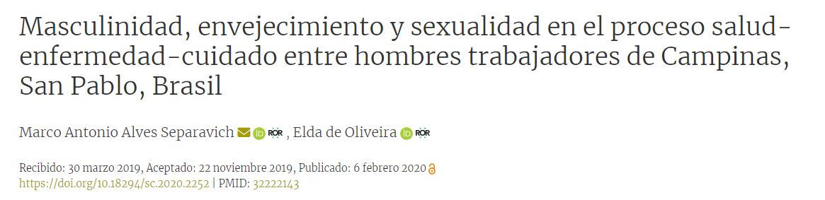 Artículo científico “Masculinidad, envejecimiento y sexualidad en el proceso salud-enfermedad-cuidado entre hombres trabajadores de Campinas, San Pablo, Brasil” (2020)