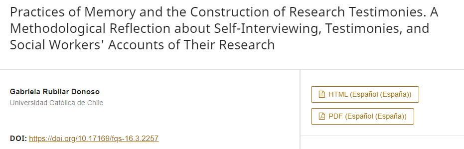 Artículo científico “Prácticas de memoria y construcción de testimonios de investigación. Reflexiones metodológicas sobre autoentrevista, testimonios y narrativas de investigación de trabajadores sociales” (2015)