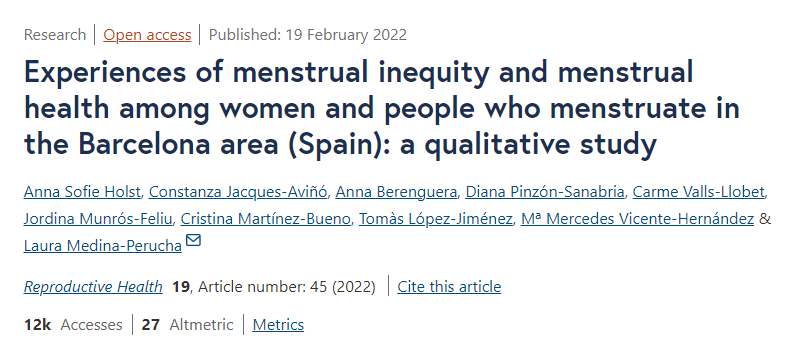 Artículo científico [Trad.] “Experiencias de inequidad menstrual y salud menstrual entre mujeres y personas que menstrúan en el área de Barcelona (España): un estudio cualitativo” (2022)
