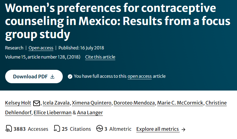 Artículo científico [Trad.] “Preferencias de las mujeres por la consejería anticonceptiva en México: Resultados de un estudio de grupos focales” (2018)