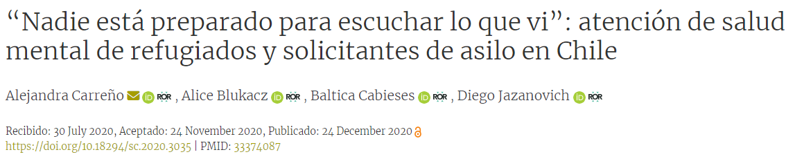 Artículo científico «“Nadie está preparado para escuchar lo que vi”: atención de salud mental de refugiados y solicitantes de asilo en Chile» (2020)