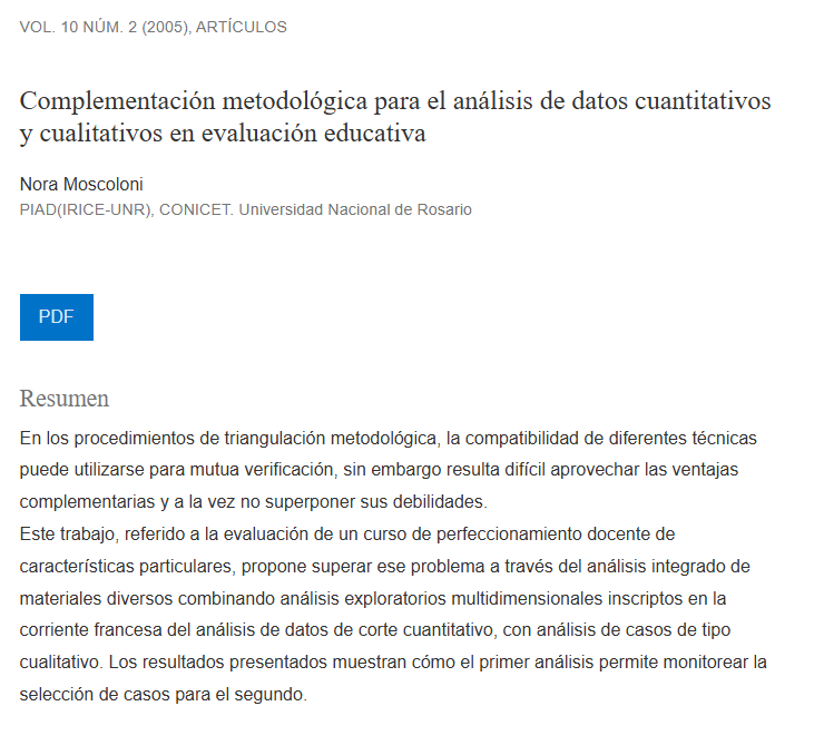 Artículo científico “Complementación metodológica para el análisis de datos cuantitativos y cualitativos en evaluación educativa” (2005)
