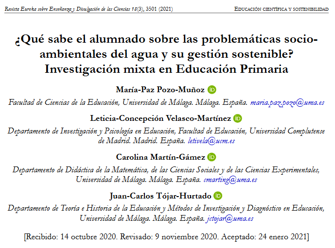 Artículo científico “¿Qué sabe el alumnado sobre las problemáticas socio-ambientales del agua y su gestión sostenible?Investigación mixta en Educación Primaria” (2021)