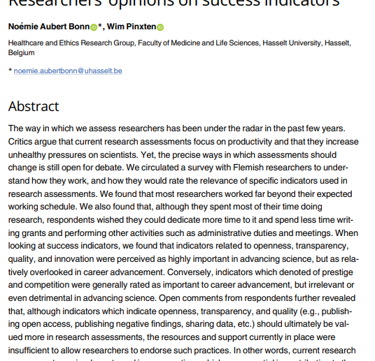 Artículo científico “[Trad.] ¿Avanzar en la ciencia o avanzar en las carreras profesionales? Opiniones de los investigadores sobre los indicadores de éxito” (2021)