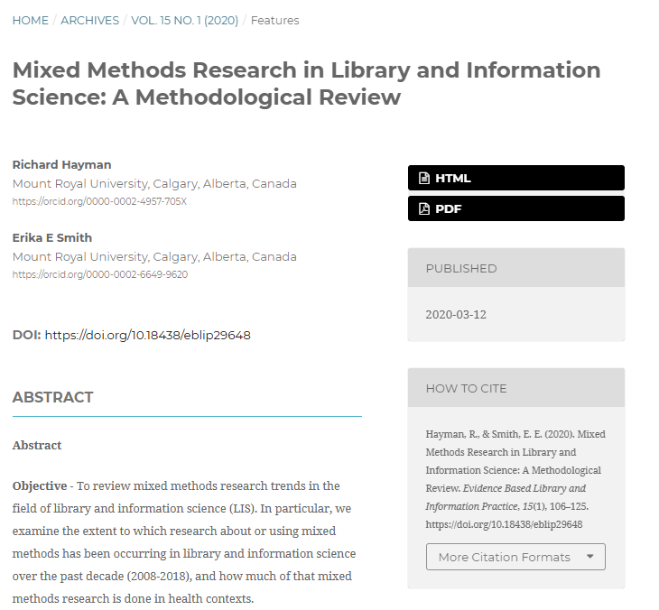 Artículo científico “[Trad.] Investigación de métodos mixtos en bibliotecología y ciencias de la información: una revisión metodológica” (2020)