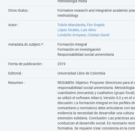 Artículo científico “Investigación formativa y prácticas académicas integradoras en el marco de la Responsabilidad Social Universitaria: Un análisis a partir de metodología mixta” (2019)