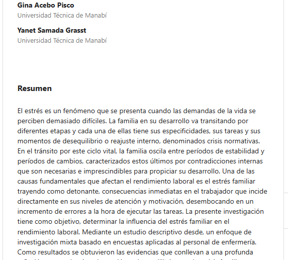 Artículo científico “El estrés familiar y su influencia en el rendimiento laboral” (2020)