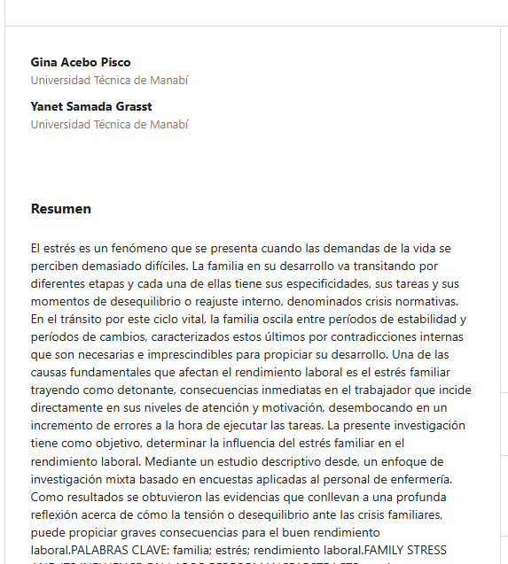 Artículo científico “El estrés familiar y su influencia en el rendimiento laboral” (2020)