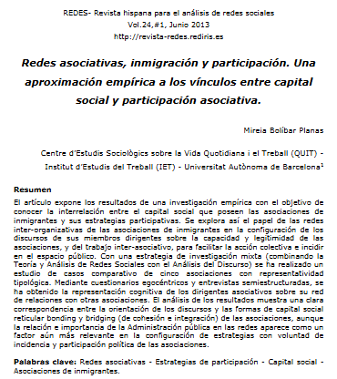 Artículo científico “Redes asociativas, inmigración y participación. Una aproximación empírica a los vínculos entre capital social y participación asociativa.” (2013)