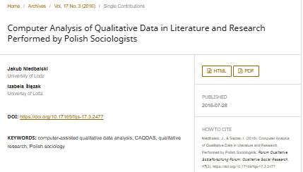 Artículo científico “[Trad.] Análisis informático de datos cualitativos en la literatura y la investigación realizada por sociólogos polacos” (2016)