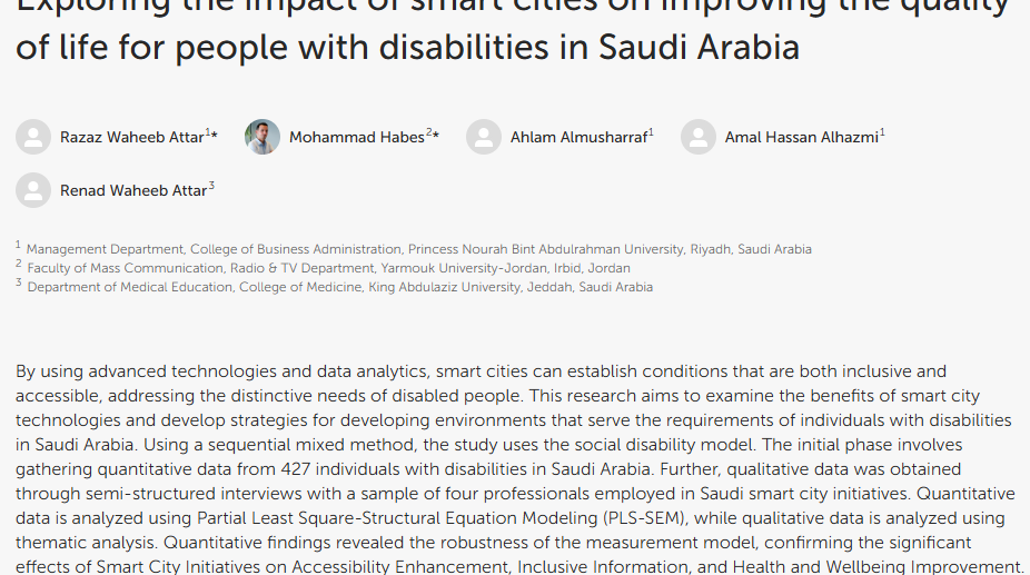 Artículo científico “[Trad.] Explorando el impacto de las ciudades inteligentes en la mejora de la calidad de vida de las personas con discapacidad en Arabia Saudita” (2024)