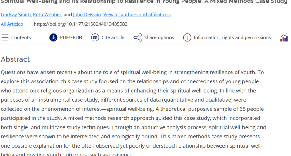 Artículo científico “[Trad.] El bienestar espiritual y su relación con la resiliencia en jóvenes: un estudio de caso de métodos mixtos” (2013)