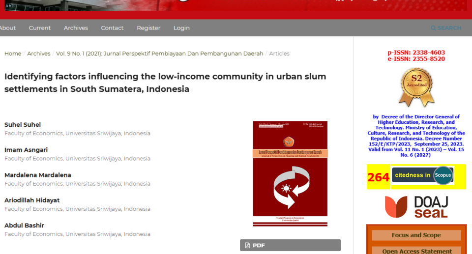 Artículo científico [Trad.] Identificación de factores que influyen en las comunidades de bajos ingresos en asentamientos marginales urbanos en Sumatra del Sur, Indonesia” (2021)