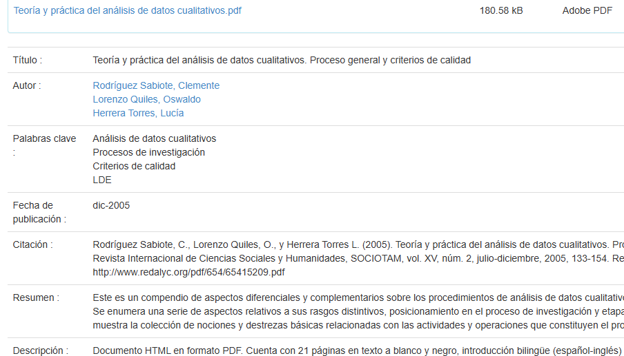 Artículo científico “Teoría y práctica del análisis de datos cualitativos. Proceso general y criterios de calidad” (2005)