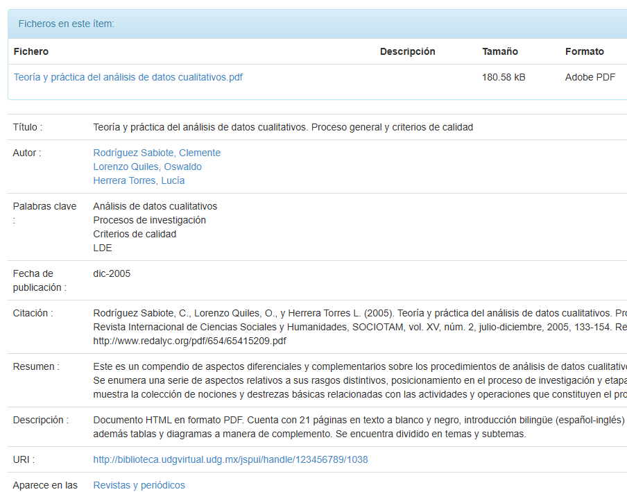 Artículo científico “Teoría y práctica del análisis de datos cualitativos. Proceso general y criterios de calidad” (2005)