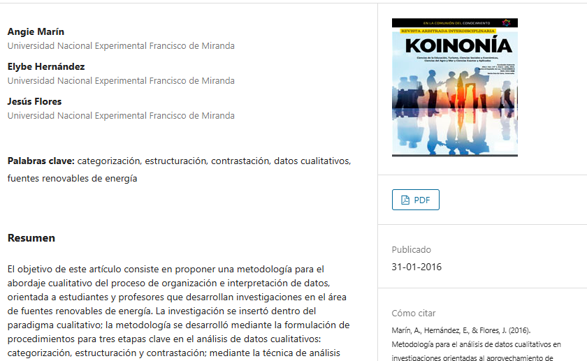 Artículo científico “Metodología para el análisis de datos cualitativos en investigaciones orientadas al aprovechamiento de fuentes renovables de energía” (2016)