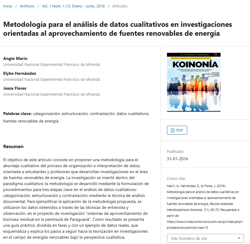 Artículo científico “Metodología para el análisis de datos cualitativos en investigaciones orientadas al aprovechamiento de fuentes renovables de energía” (2016)