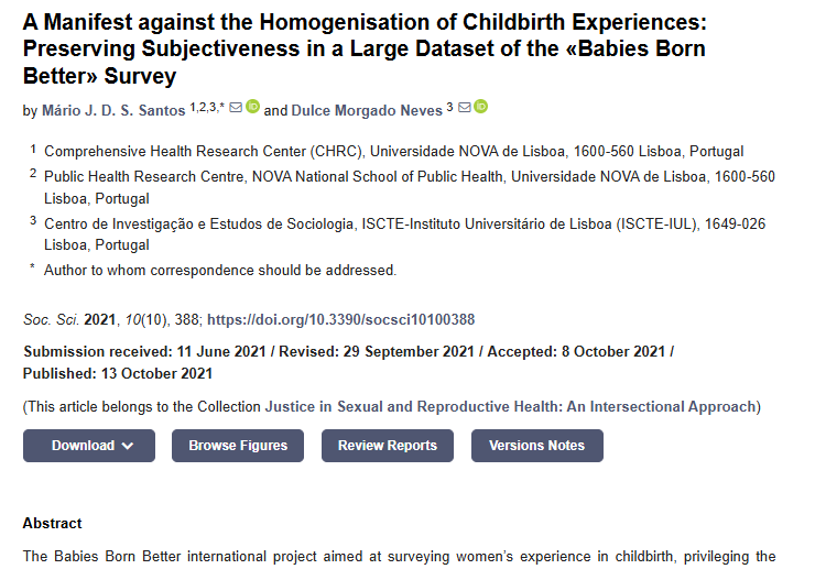 Artículo científico “[Trad.] Un manifiesto contra la homogeneización de las experiencias del parto: preservando la subjetividad en un amplio conjunto de datos de la encuesta «Babies Born Better»” (2021)
