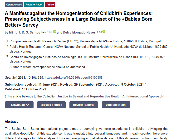Artículo científico “[Trad.] Un manifiesto contra la homogeneización de las experiencias del parto: preservando la subjetividad en un amplio conjunto de datos de la encuesta «Babies Born Better»” (2021)