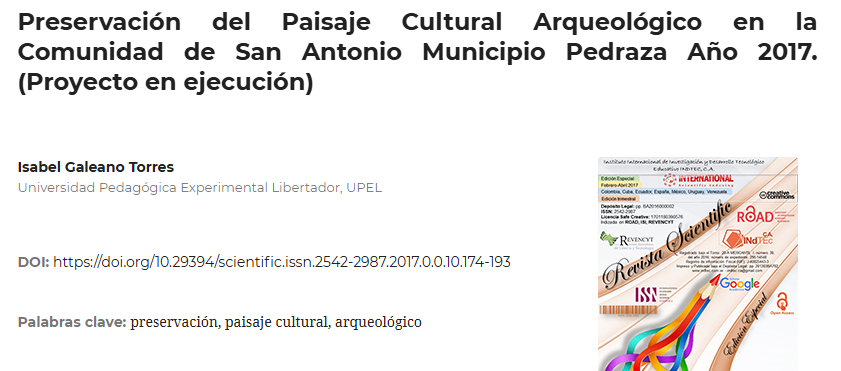 Artículo científico “Preservación del Paisaje Cultural Arqueológico en la Comunidad de San Antonio Municipio Pedraza Año 2017. (Proyecto en ejecución)” (2017)