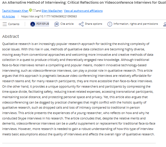 Artículo científico “[Trad.] Un método alternativo de entrevistas: reflexiones críticas sobre las entrevistas por videoconferencia para la recopilación de datos cualitativos” (2022)