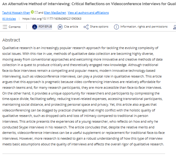 Artículo científico “[Trad.] Un método alternativo de entrevistas: reflexiones críticas sobre las entrevistas por videoconferencia para la recopilación de datos cualitativos” (2022)