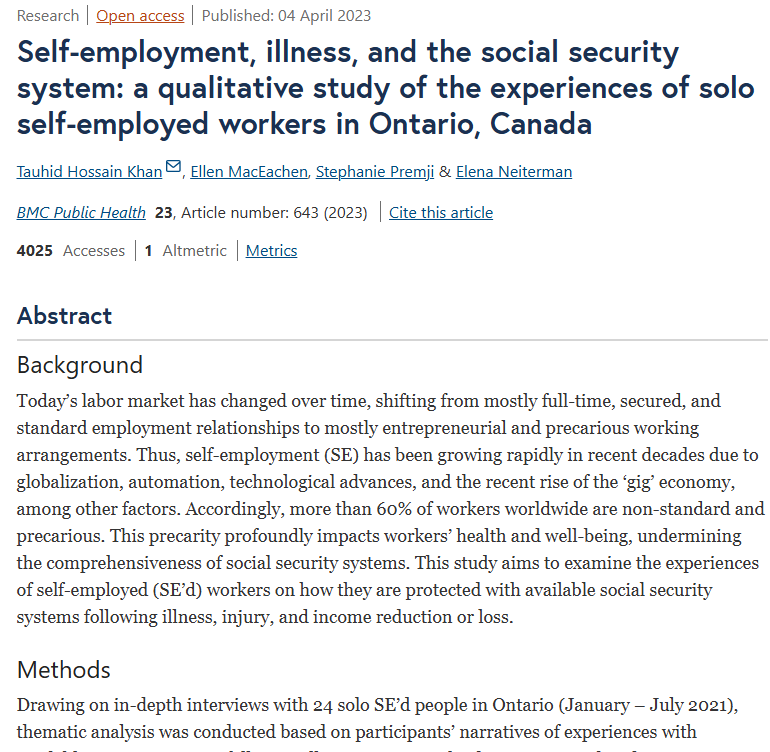 Artículo científico “[Trad.] Trabajo autónomo, enfermedad y sistema de seguridad social: un estudio cualitativo de las experiencias de trabajadores autónomos en Ontario, Canadá” (2023)