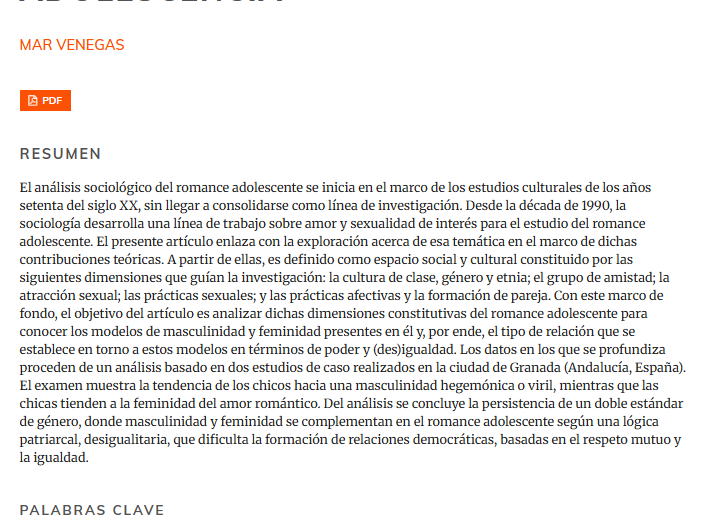 Artículo científico “El romance adolescente. Un análisis sociológico de la política afectivosexual en la adolescencia” (2018)