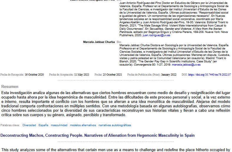 Artículo científico “Deconstruyendo machos, construyendo personas. Relatos de alejamiento de la masculinidad hegemónica en España” (2022)