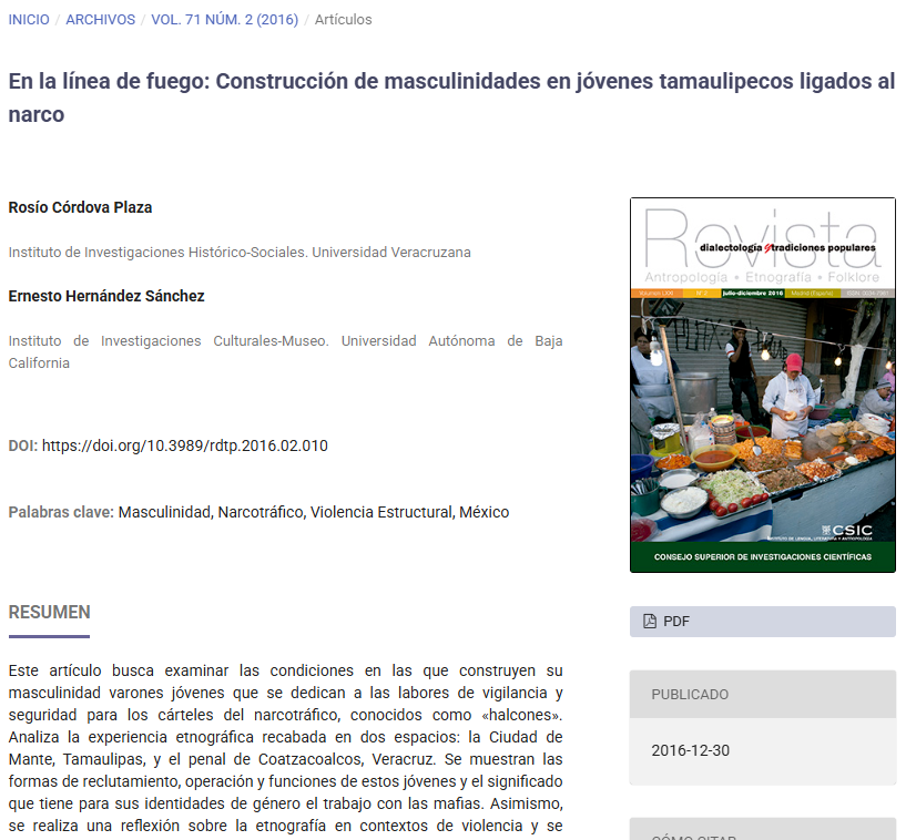Artículo científico “En la línea de fuego: Construcción de masculinidades en jóvenes tamaulipecos ligados al narco” (2016)