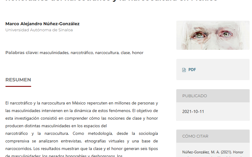 Artículo científico “Honor y clase: una producción violenta de masculinidades honorables del narcotráfico y la narcocultura en México” (2021)