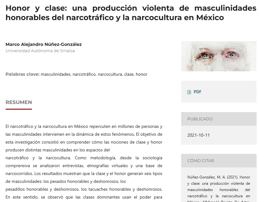 Artículo científico “Honor y clase: una producción violenta de masculinidades honorables del narcotráfico y la narcocultura en México” (2021)
