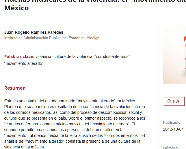 Artículo científico “Huellas musicales de la violencia: el “movimiento alterado” en México” (2012)
