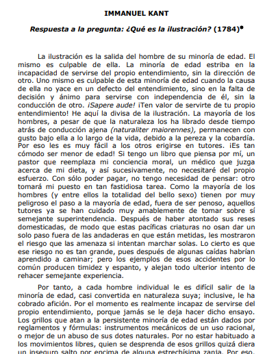 Resumen del ensayo “¿Qué es la ilustración?” de Immanuel Kant (1784)