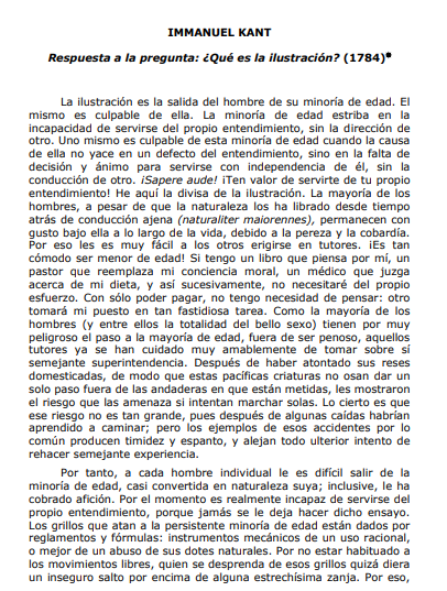 Resumen del ensayo “¿Qué es la ilustración? de Immanuel Kant (1784)