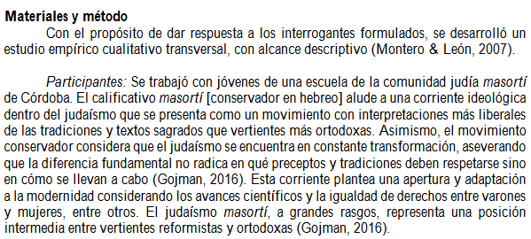Artículo científico ‘ABORDAJE PSICOSOCIAL DE LA IDENTIDAD JUDÍA EN JÓVENES DE UNA ESCUELA DE LA COLECTIVIDAD MASORTÍ DE CÓRDOBA, ARGENTINA.’ (2018)